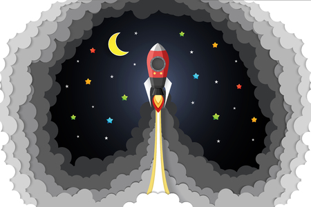 paper art style rocket launching into space, vector design element illustrationのイラスト素材