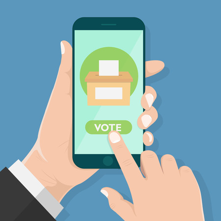 Flat design style human hand  holding smartphone or tablet  with Vote app in the screen , vector design element illustrationのイラスト素材