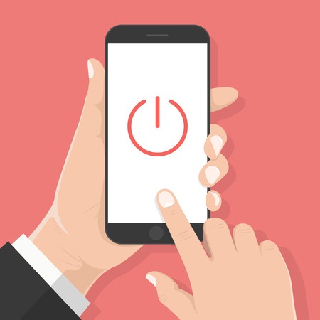 Flat design style human hand  holding smartphone or tablet with Power Symbol on the screen.vector design element illustrationのイラスト素材