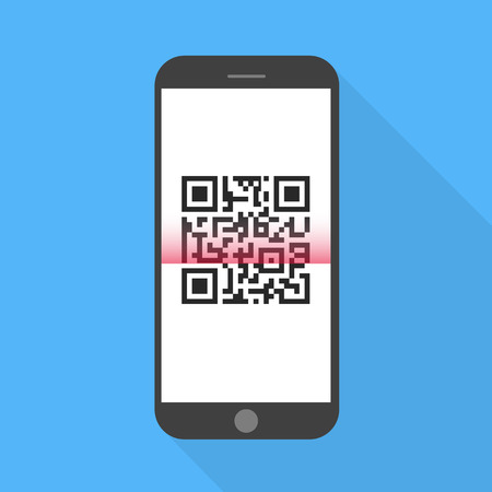 Flash Design with long shadow the smart phone with  QR code  on screen. The concept is QR code Scan on Smart Phone ,vector design Element illustrationのイラスト素材