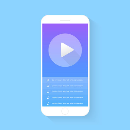 Flash Design with long shadow the smart phone with  multimedia audio controller Application on screen ,vector design Element illustrationのイラスト素材