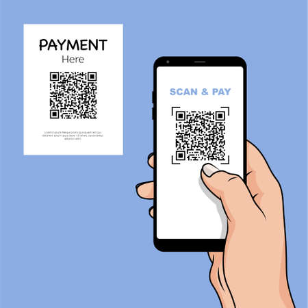 QR code scanning vector illustration concept, pay invoice by qr code with mobile phone, online payment with smartphoneのイラスト素材