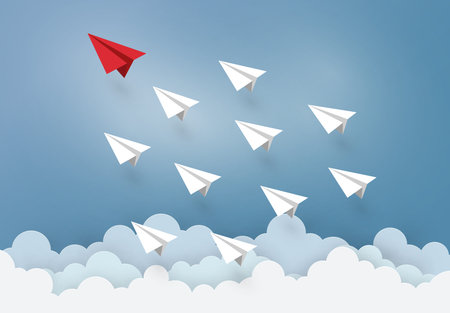 Leadership and Business concept with Origami made Red paper plane flying in the sky. paper art design and craft style.のイラスト素材