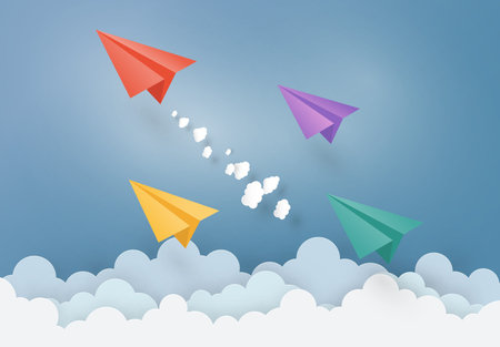 Leadership and Business concept with Origami made Red paper plane flying in the sky. paper art...