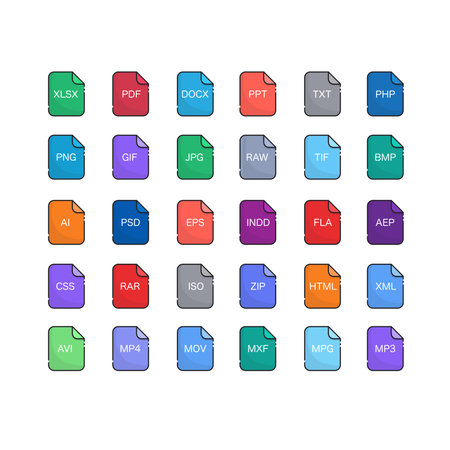 files Format icons set with flat design big pack of Document, Sysytem, offices, media, audio, graphic, video and Programming files type . vector design element illustrationのイラスト素材