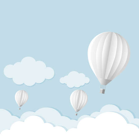 Balloon in the sky with clouds. Travel time flat cartoon design vector illustration.のイラスト素材
