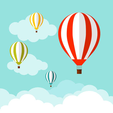 Balloon in the sky with clouds. Travel time flat cartoon design vector illustration.のイラスト素材