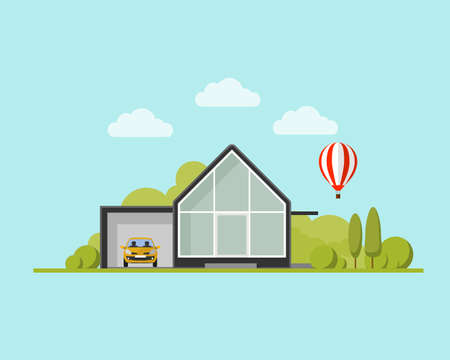 Modern house with garden and balloon. Family home. Flat design vector concept illustration.のイラスト素材