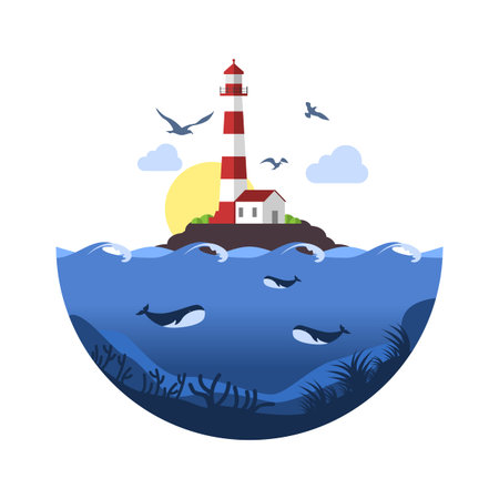 Lighthouse on rock stones island with underwater scene. Vector Illustrationのイラスト素材
