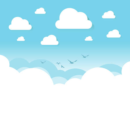 White and transparent clouds on the blue sky with flying birds. Vector illustration.のイラスト素材