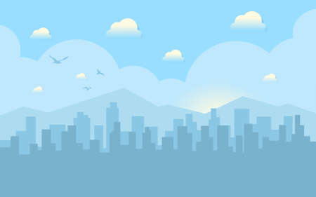 Morning city skyline. Buildings silhouette cityscape with mountains. Big city streets. Blue sky with sun and clouds. Vector illustration.のイラスト素材
