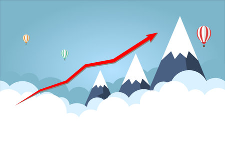 Business graph. Red Arrow. On background High mountain with sky. Vector illustration