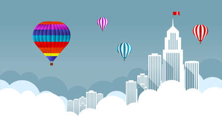 Balloon in the sky with clouds with skyscrapers and large buildings. Vector illustration.のイラスト素材