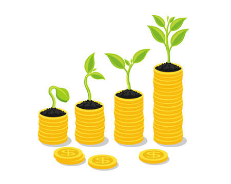 Plant Growing In Savings Coins - Investment And Interest Concept, Business investment growth concept, with stack money coin. Vector illustration.のイラスト素材
