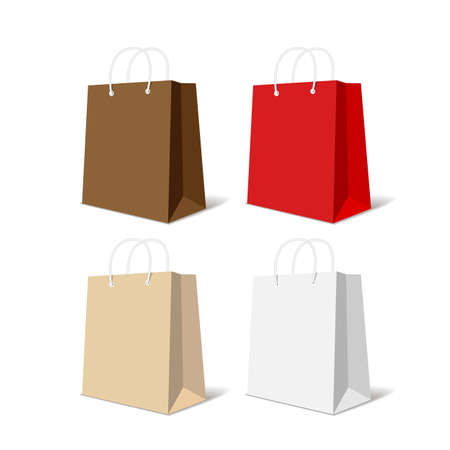 Realistic colorful paper shopping bag set isolated on white background vector illustration. Multicolored empty shopping bag for advertising and branding. Template collection for retail design.のイラスト素材