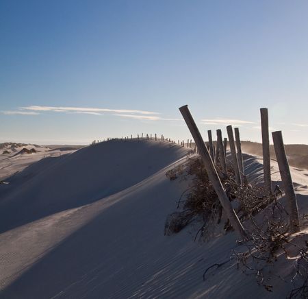 Wooden poles on a dune with the wind blowing the sandの写真素材