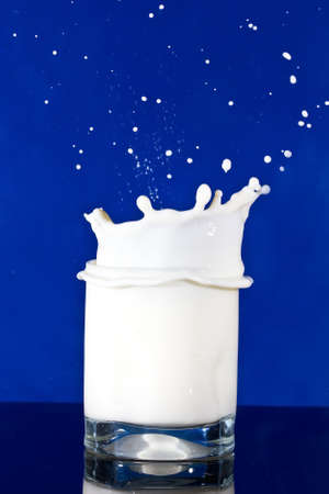 Milk splash in glass on a blue background dropの写真素材