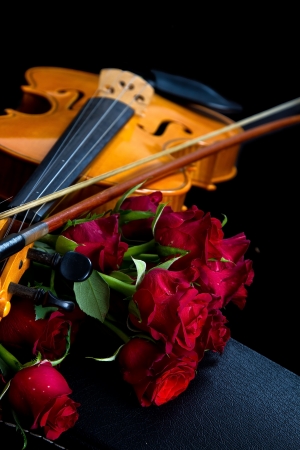 Violin on carry red case with sheet music with red rosesの写真素材
