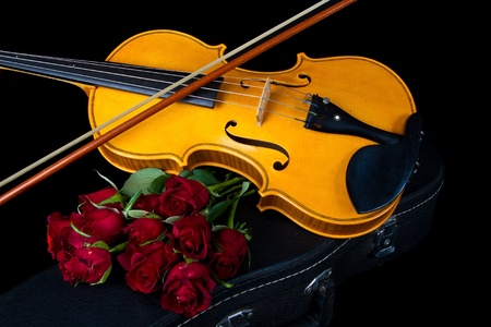 Violin on carry red case with sheet music with red rosesの写真素材