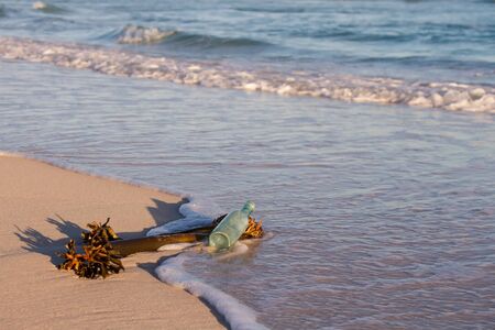 Old bottle lay on the beach with sea plant and wave move inの写真素材