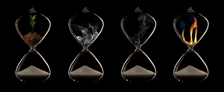 Four elements of fire, plant, water and air in a hourglasses