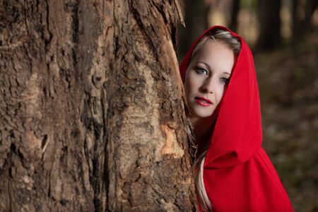 Attractive woman dressed a little red riding-hood hide behind a tree in a dark forestの写真素材