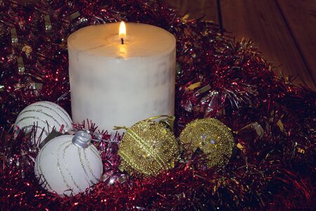 Studio photo of Christmas decorations with sheet music and glitter ballsの写真素材