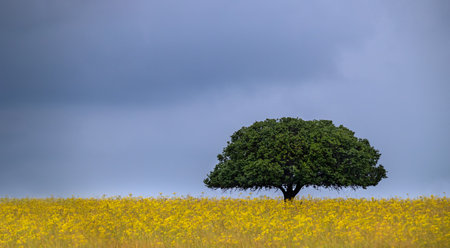 One lonely tree standing in a grass field wih yellow flowers and cloudy skyの写真素材
