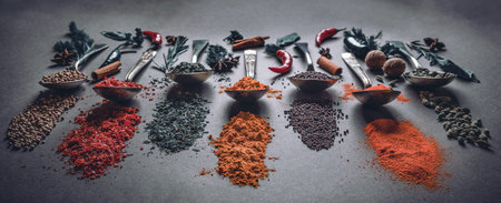 A beautifully arranged assortment of colorful spices displayed in vintage spoons on a dark, moody...