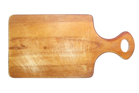 Wooden cutting board isolated on white background の写真素材