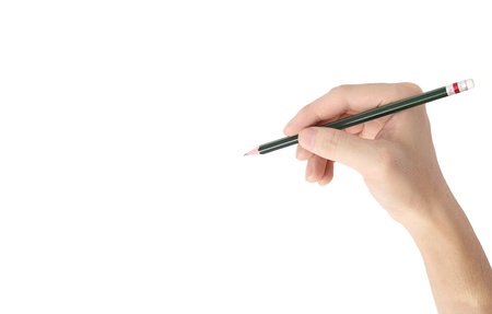 Man's hand holding  pencil isolated on white backgroundの写真素材