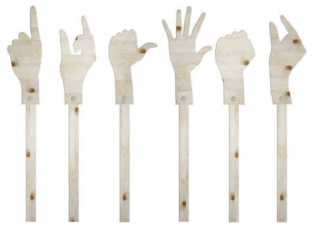 set of gesture hand wooden signの写真素材