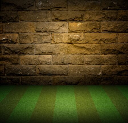 Brick Wall and Green Grassの写真素材
