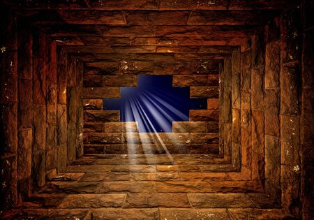 Night sky with sunlight through the hole in the brick wall roomの写真素材