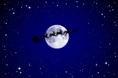 Santa Claus On Sledge With Deer And white Moonの写真素材