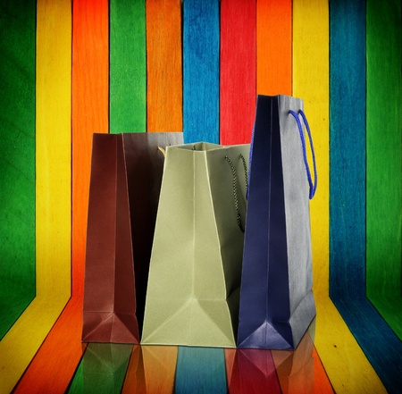 shopping bags on colorful wood Backgroundの写真素材