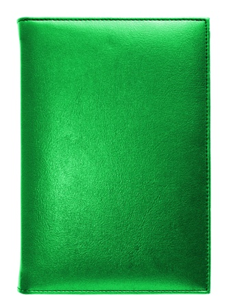 Green leather note book isolated on white backgroundの写真素材