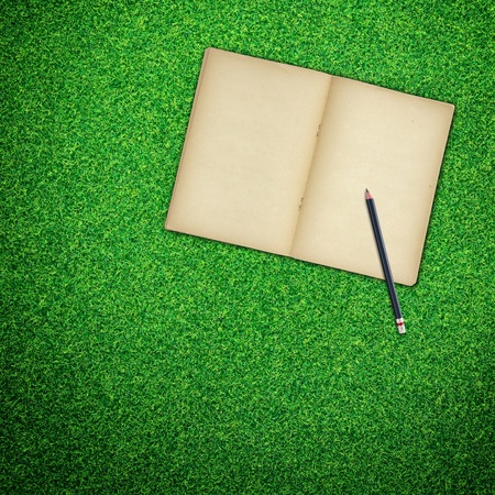 Pencil and old book open on green grass backgroundの写真素材