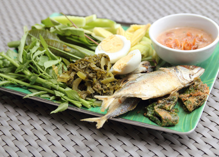 Fried Mackerel fish,chili sauce and fried vegetableの写真素材