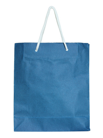 Blue paper bag isolated on white with clipping pathの写真素材
