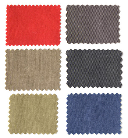 set of fabric swatch samples texture isolated on white backgroundの写真素材