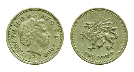 british one pound coin isolated on white with clipping pathの写真素材