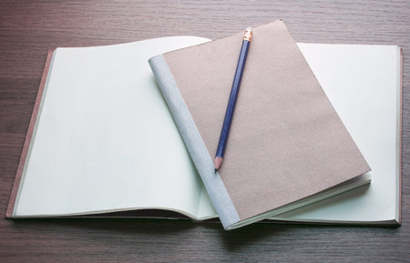 blank open book and pencil on dark wood background