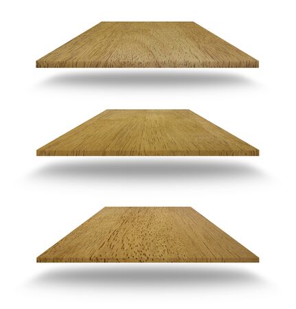 set of empty wooden shelves isolated on white backgroundの写真素材