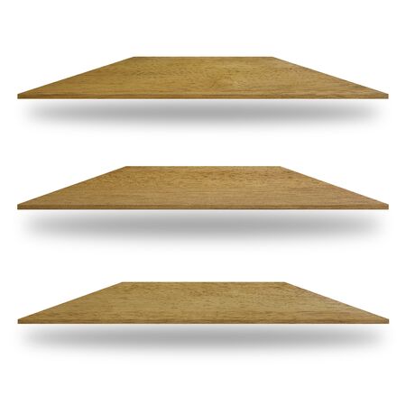 set of empty wooden shelves isolated on white backgroundの写真素材