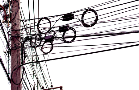 Messy electrical cables isolated on white backgroundの写真素材