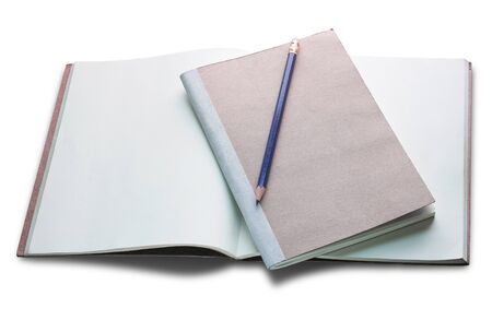 blank open book and pencil isolated on white backgroundの写真素材