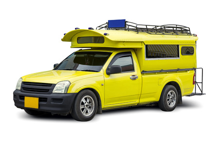 yellow minibus travel isolated on white background with clipping pathの写真素材