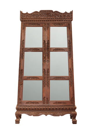 antique wooden cabinet with glass doors isolated on white with clipping pathの写真素材