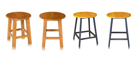 set of wooden chair or wooden stool isolated on white background